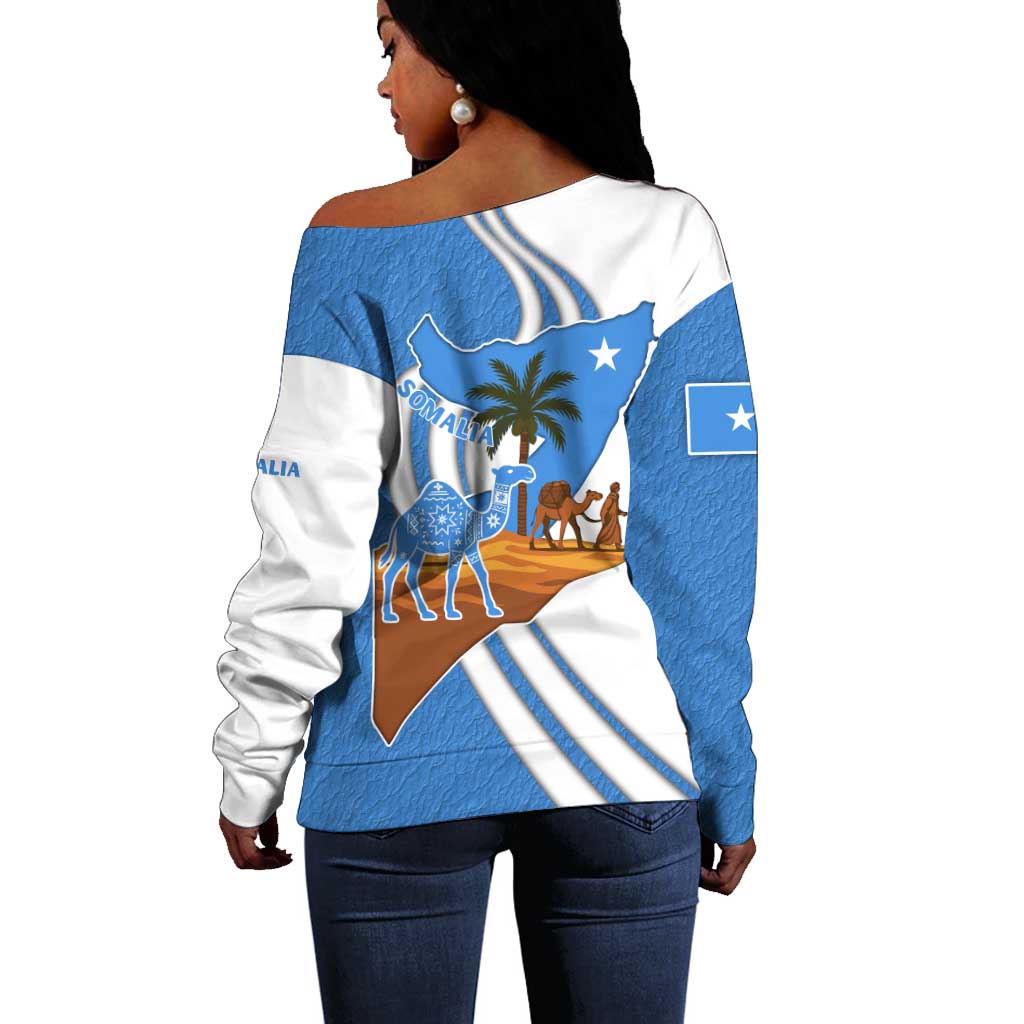 Somalia Off Shoulder Sweater with Camel Desert Map Palm Tree Heritage Spirit TS04