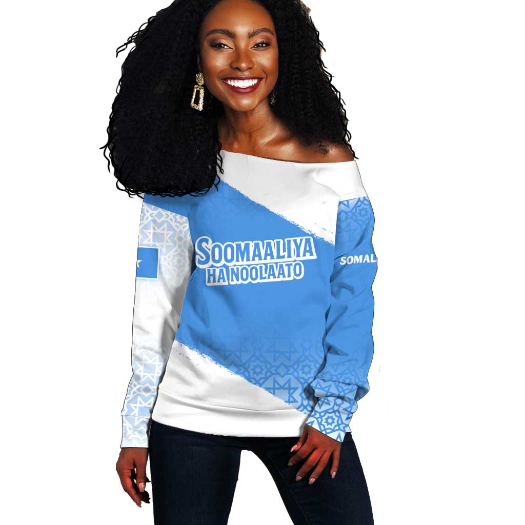 Somalia Off Shoulder Sweater with Soomaaliya Ha Noolaato Nomad Moon Flag Spirit TS04