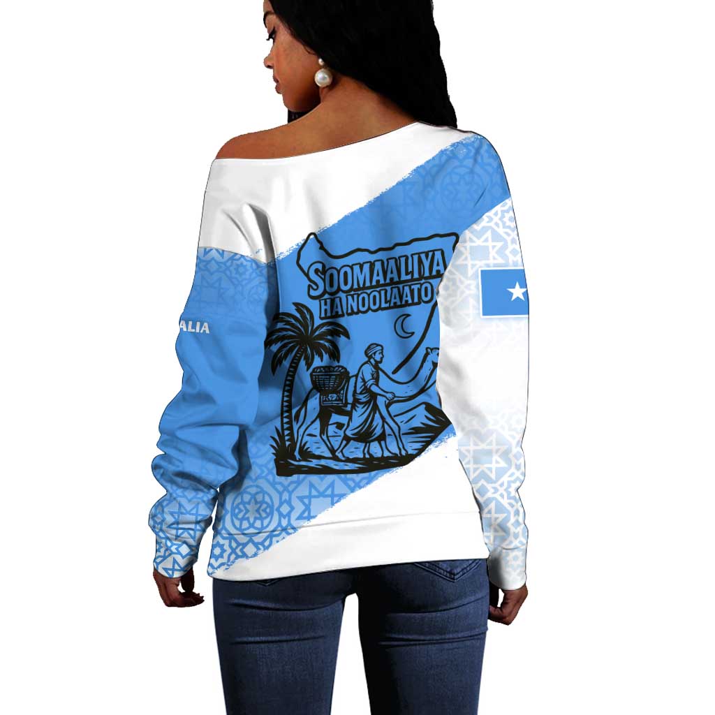 Somalia Off Shoulder Sweater with Soomaaliya Ha Noolaato Nomad Moon Flag Spirit TS04