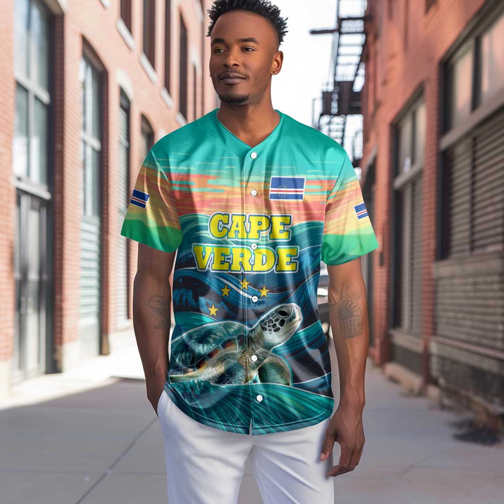 Cape Verde Baseball Jersey with Loggerhead Sea Turtle Ocean Sunset Spirit TS04