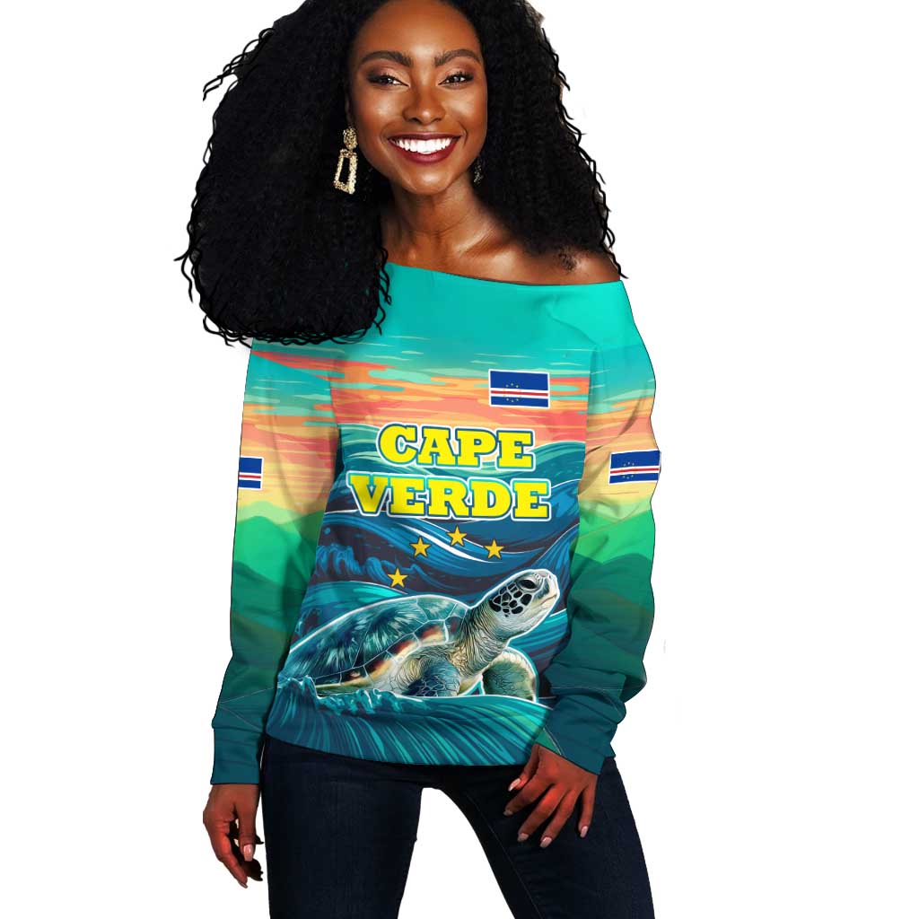 Cape Verde Off Shoulder Sweater with Loggerhead Sea Turtle Ocean Sunset Spirit TS04