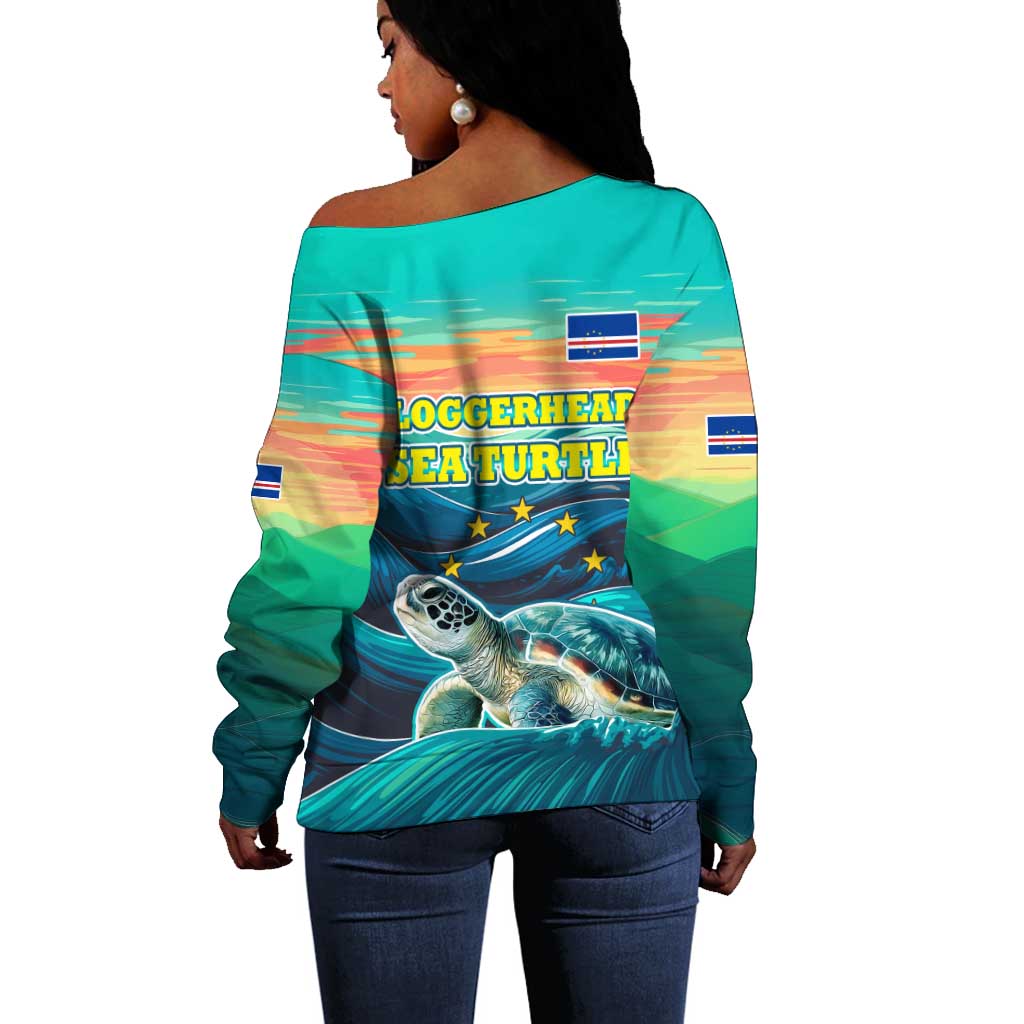 Cape Verde Off Shoulder Sweater with Loggerhead Sea Turtle Ocean Sunset Spirit TS04