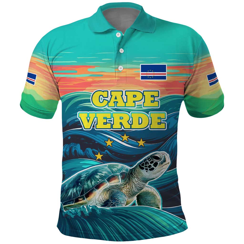 Cape Verde Polo Shirt with Loggerhead Sea Turtle Ocean Sunset Spirit TS04