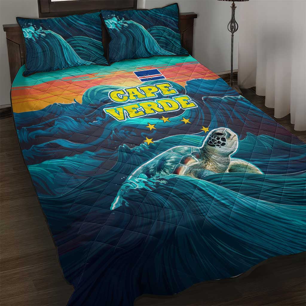 Cape Verde Quilt Bed Set with Loggerhead Sea Turtle Ocean Sunset Spirit TS04