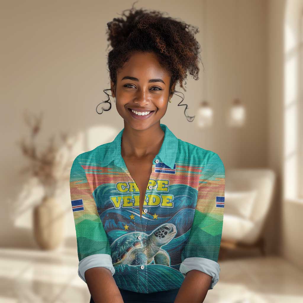 Cape Verde Women Casual Shirt with Loggerhead Sea Turtle Ocean Sunset Spirit TS04