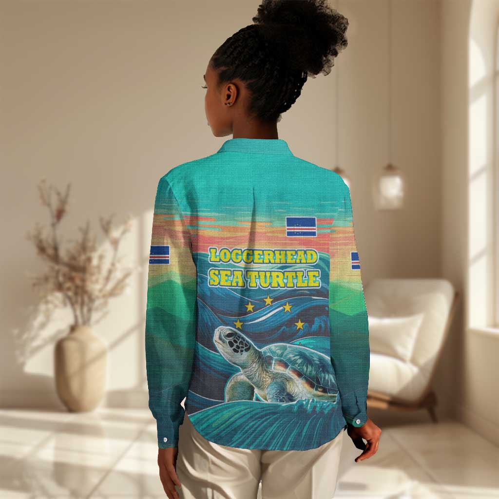 Cape Verde Women Casual Shirt with Loggerhead Sea Turtle Ocean Sunset Spirit TS04