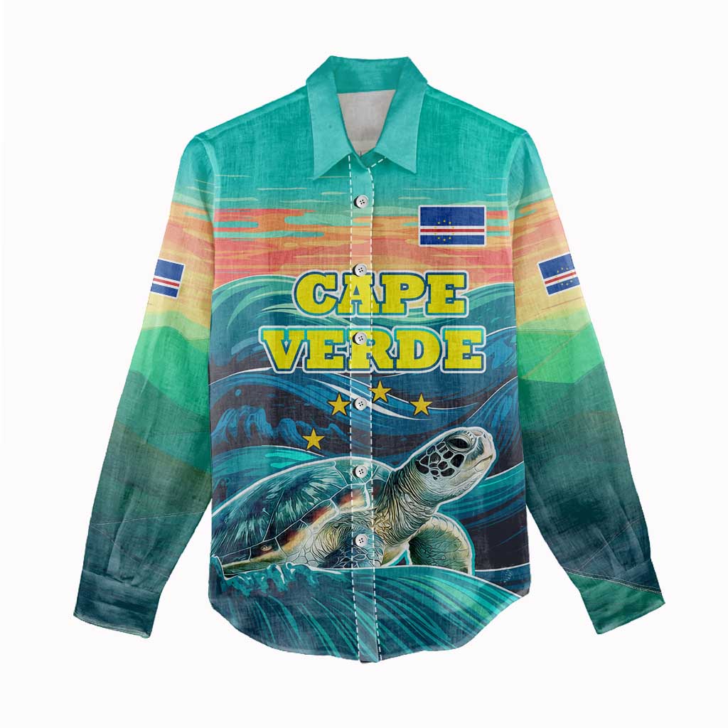 Cape Verde Women Casual Shirt with Loggerhead Sea Turtle Ocean Sunset Spirit TS04
