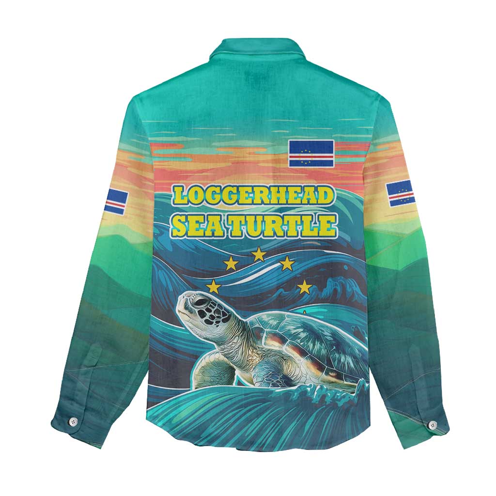 Cape Verde Women Casual Shirt with Loggerhead Sea Turtle Ocean Sunset Spirit TS04