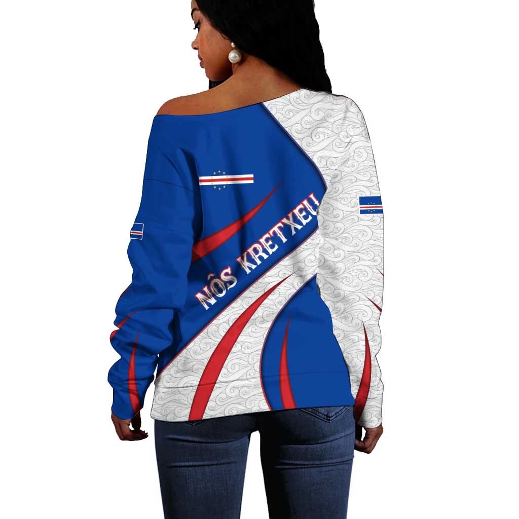 Cape Verde Off Shoulder Sweater with Blue Red Flag Nós Kretxeu Spirit TS04