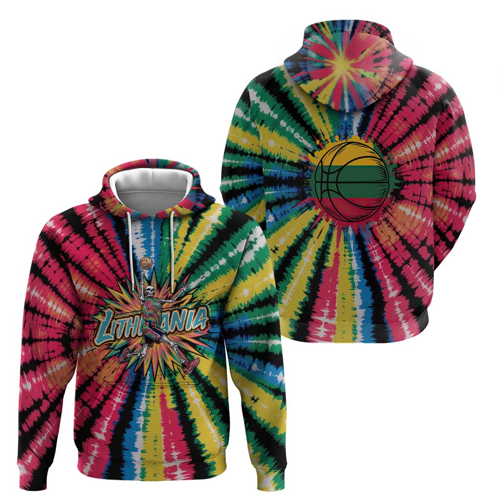 Lithuania Tie Dye Basketball Hoodie with Skeleton Dunk Graphic and Retro Colors TS04