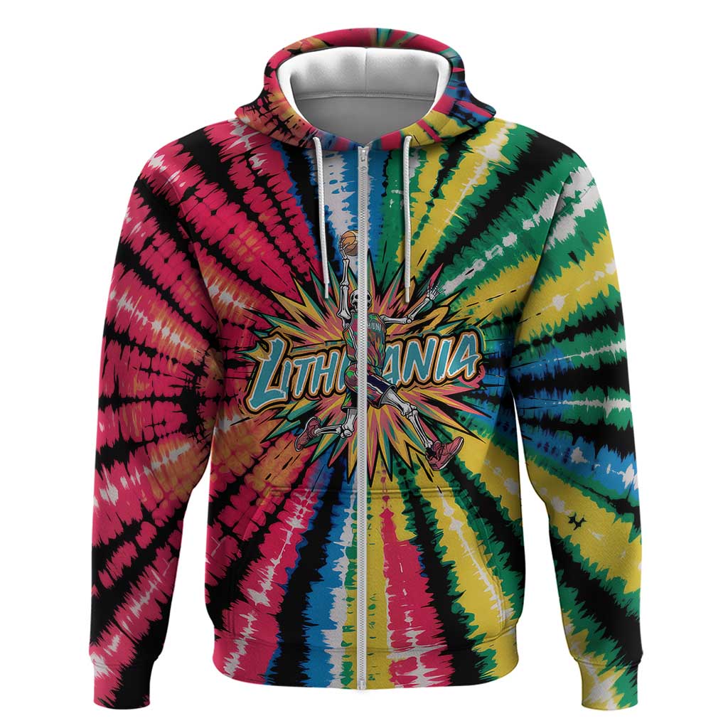 Lithuania Tie Dye Basketball Hoodie with Skeleton Dunk Graphic and Retro Colors TS04