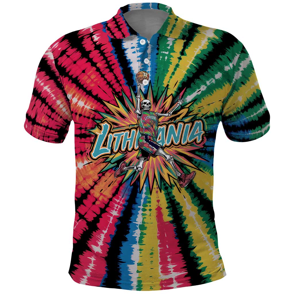 Lithuania Tie Dye Basketball Polo Shirt with Skeleton Dunk Graphic and Retro Colors TS04