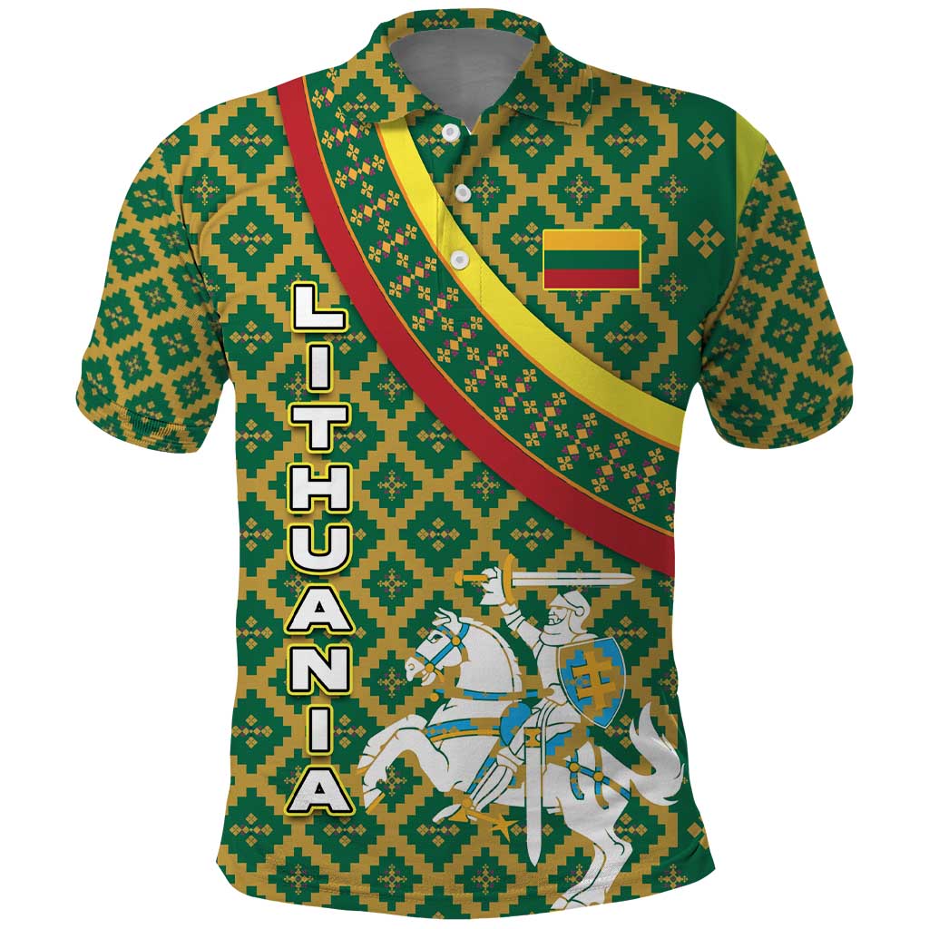 Lithuania Knight Pattern Polo Shirt with Traditional Green Yellow Red Design and Vytis Emblem TS04