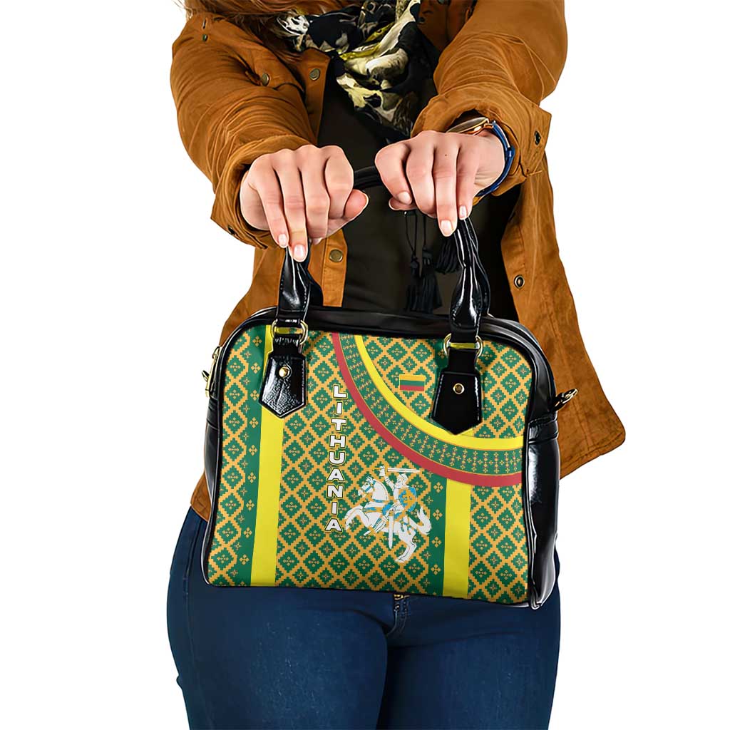 Lithuania Knight Pattern Shoulder Handbag with Traditional Green Yellow Red Design and Vytis Emblem TS04