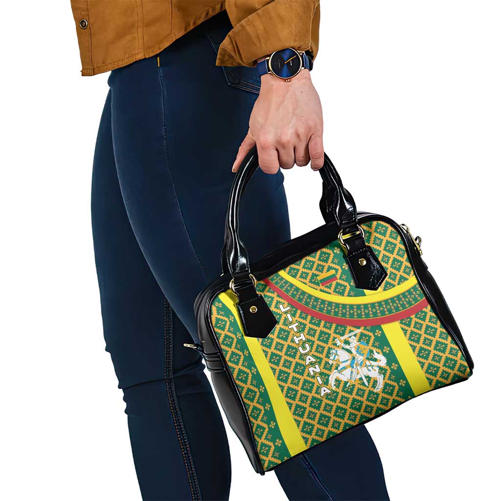 Lithuania Knight Pattern Shoulder Handbag with Traditional Green Yellow Red Design and Vytis Emblem TS04