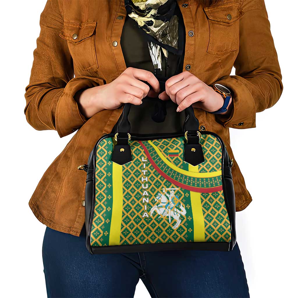 Lithuania Knight Pattern Shoulder Handbag with Traditional Green Yellow Red Design and Vytis Emblem TS04