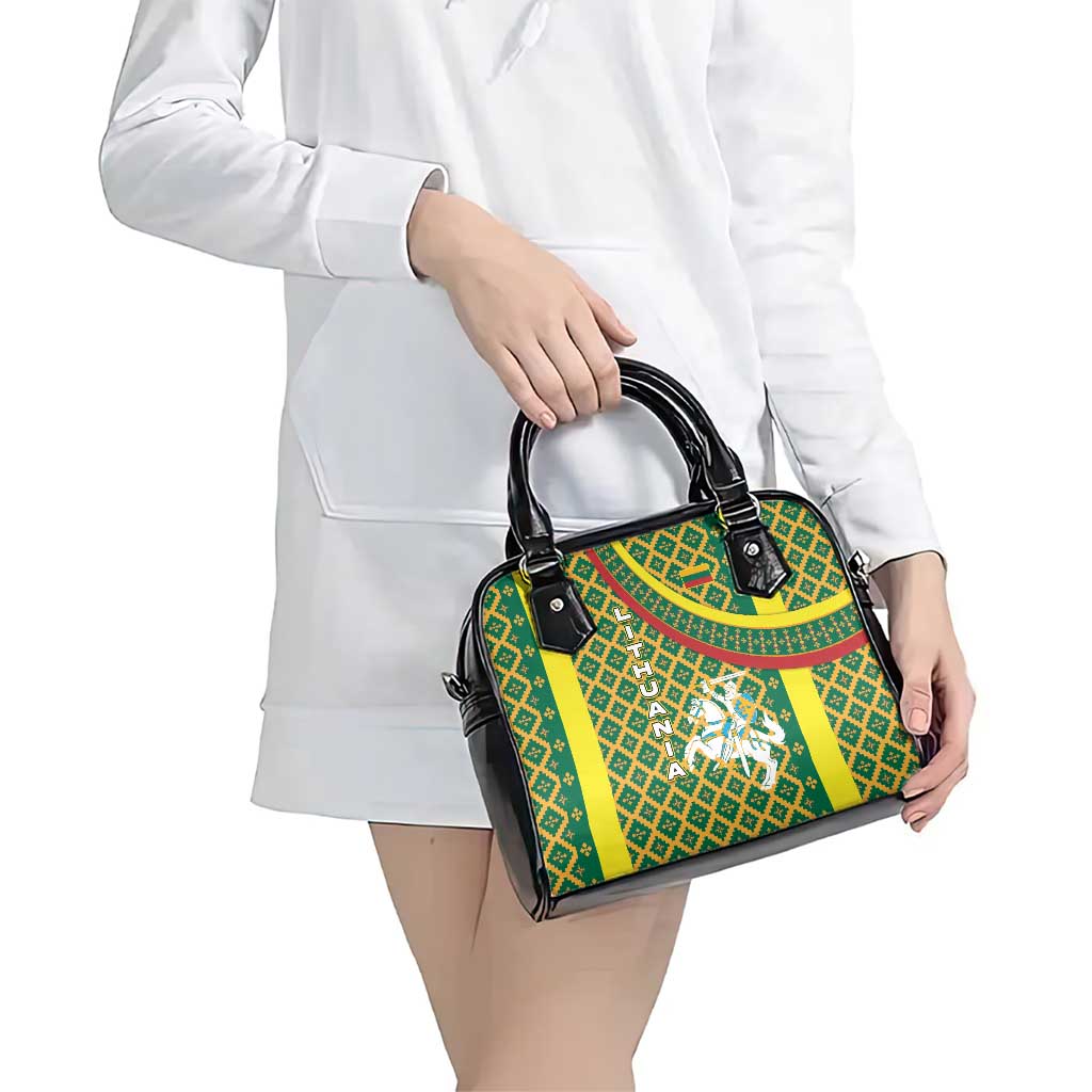 Lithuania Knight Pattern Shoulder Handbag with Traditional Green Yellow Red Design and Vytis Emblem TS04