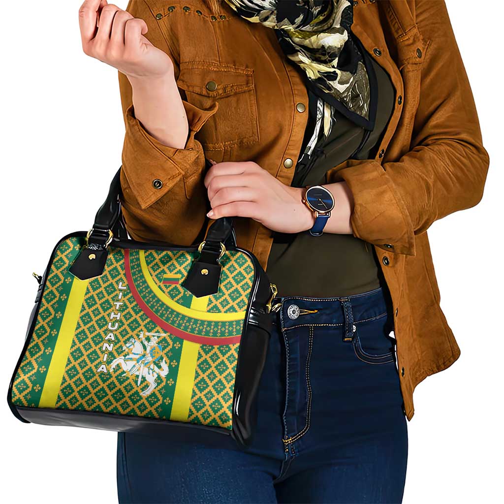 Lithuania Knight Pattern Shoulder Handbag with Traditional Green Yellow Red Design and Vytis Emblem TS04