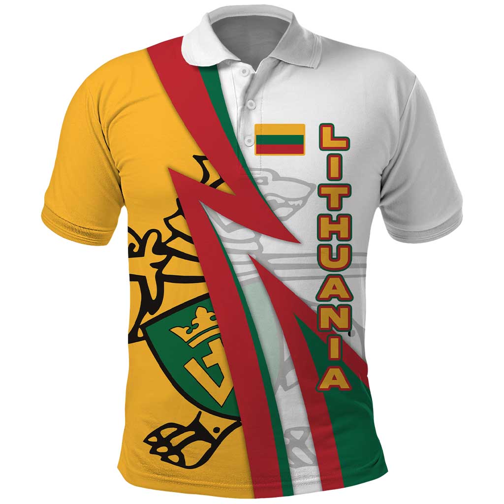 Lithuania Flag Colors Polo Shirt with Vytis Knight Design and Bold Lightning Motif TS04