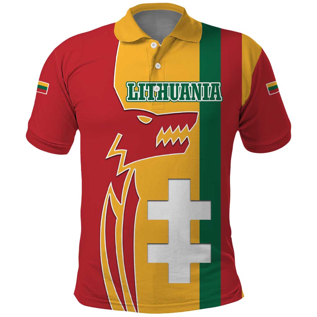 Lithuania Red Polo Shirt with Bold Vytis Cross Design and Tricolor Flag Accents TS04
