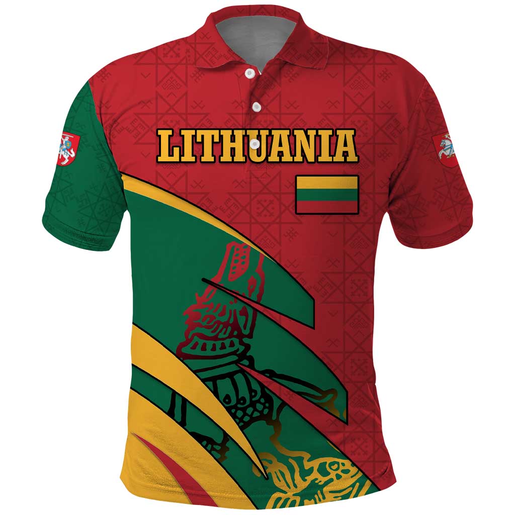 Lithuania Red and Green Polo Shirt with Knight and Dragon Claw Graphic and National Flag TS04