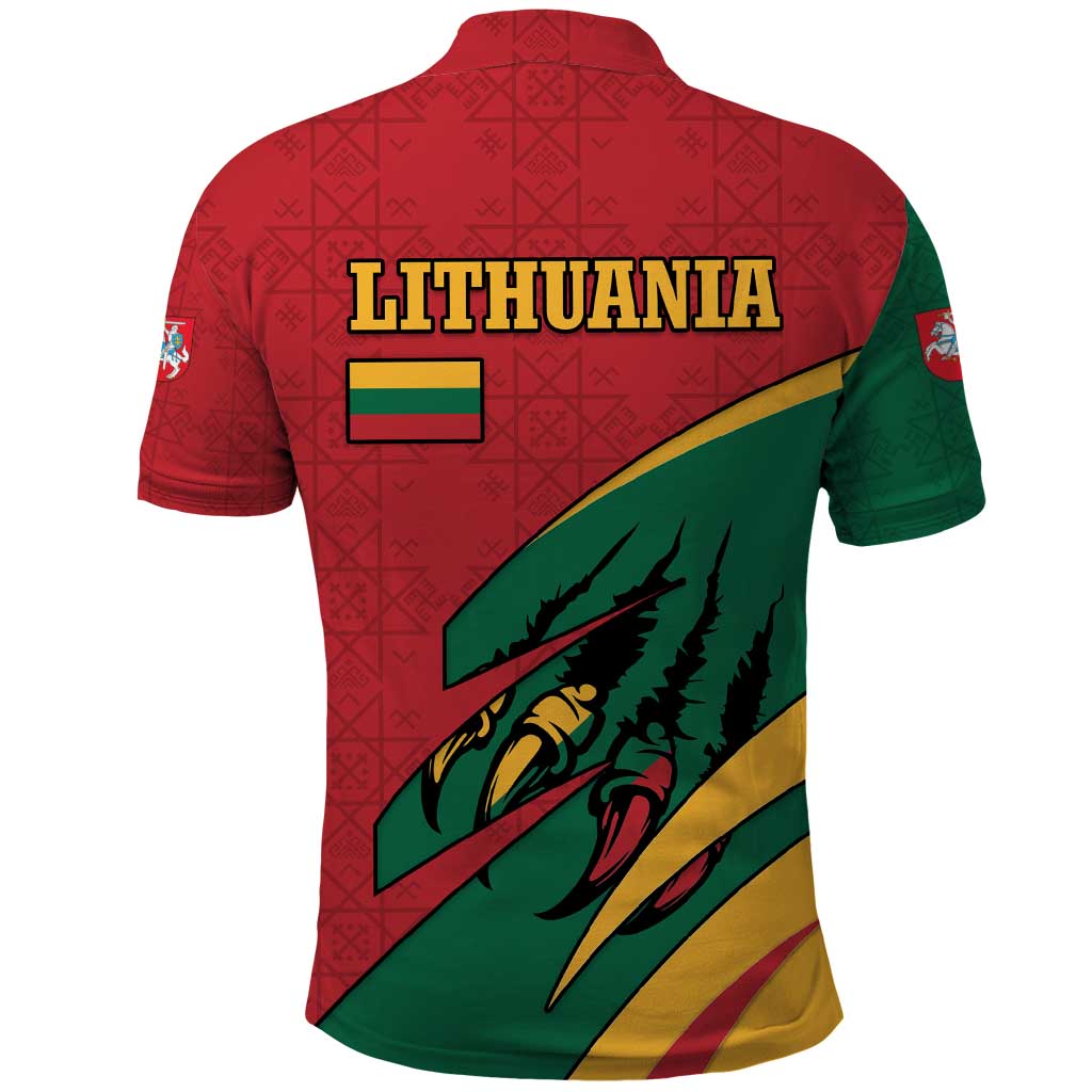 Lithuania Red and Green Polo Shirt with Knight and Dragon Claw Graphic and National Flag TS04