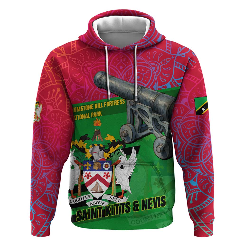 Saint Kitts and Nevis Apparel Hoodie with National Coat of Arms and Cannon Graphic in Red and Green Cultural Pattern Design TS04