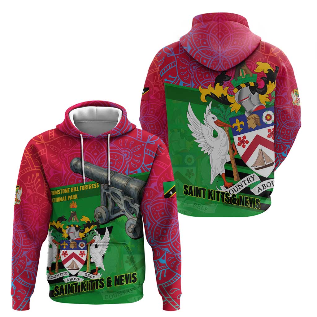 Saint Kitts and Nevis Apparel Hoodie with National Coat of Arms and Cannon Graphic in Red and Green Cultural Pattern Design TS04