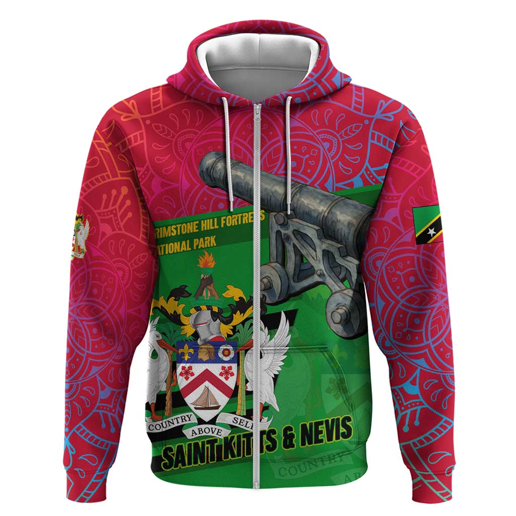 Saint Kitts and Nevis Apparel Hoodie with National Coat of Arms and Cannon Graphic in Red and Green Cultural Pattern Design TS04