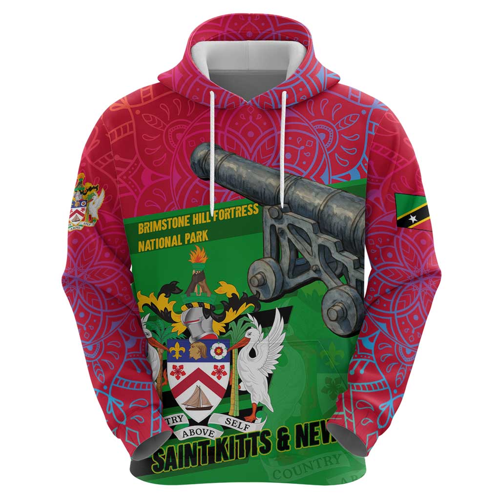 Saint Kitts and Nevis Apparel Hoodie with National Coat of Arms and Cannon Graphic in Red and Green Cultural Pattern Design TS04