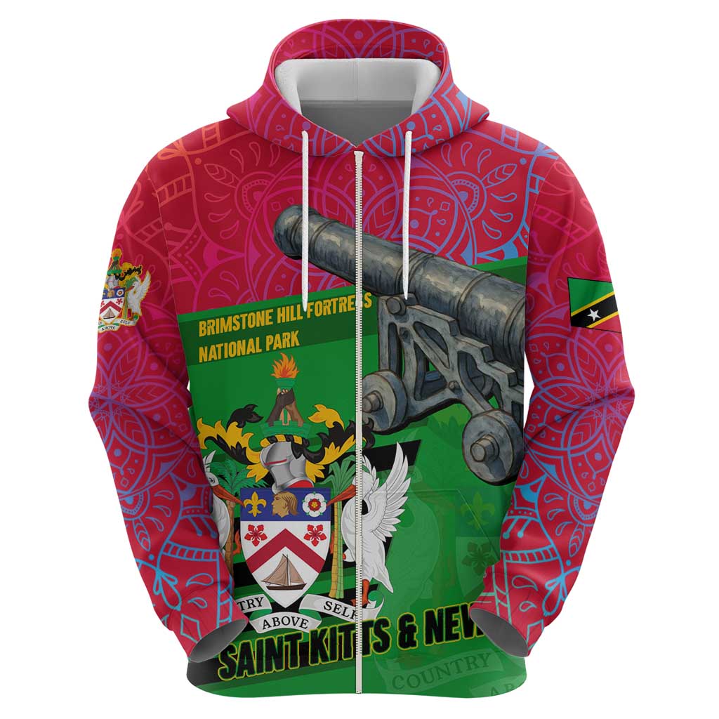 Saint Kitts and Nevis Apparel Hoodie with National Coat of Arms and Cannon Graphic in Red and Green Cultural Pattern Design TS04