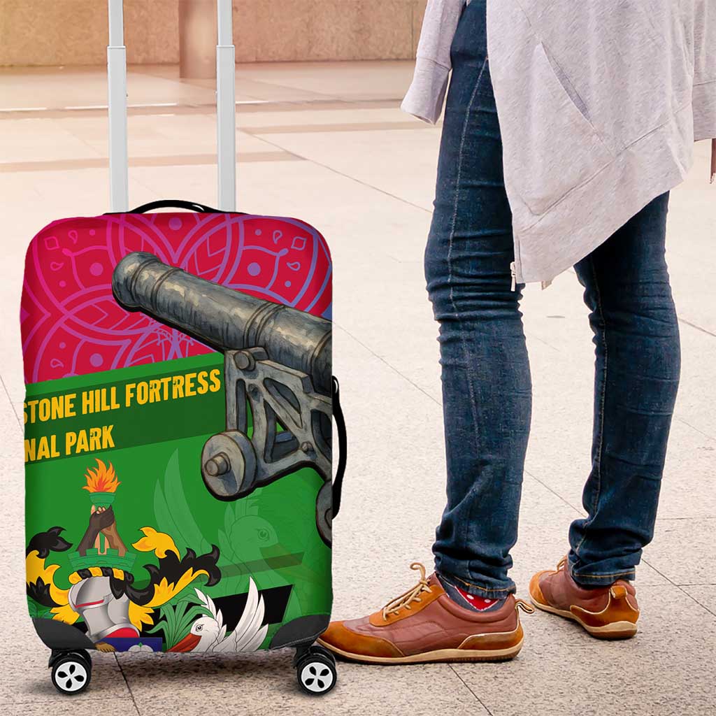 Saint Kitts and Nevis Apparel Luggage Cover with National Coat of Arms and Cannon Graphic in Red and Green Cultural Pattern Design TS04