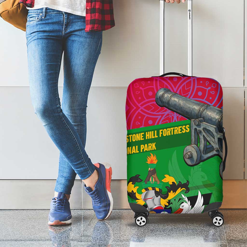 Saint Kitts and Nevis Apparel Luggage Cover with National Coat of Arms and Cannon Graphic in Red and Green Cultural Pattern Design TS04