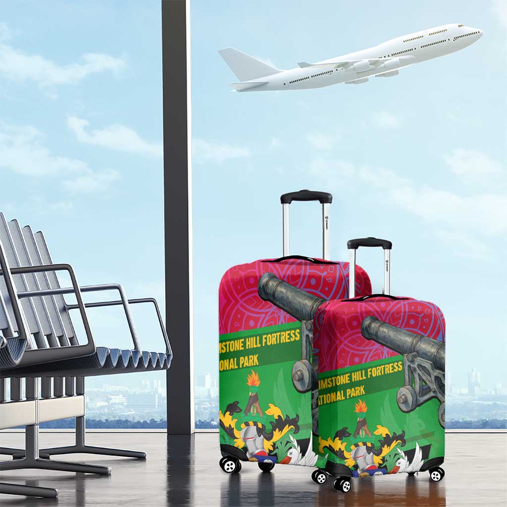 Saint Kitts and Nevis Apparel Luggage Cover with National Coat of Arms and Cannon Graphic in Red and Green Cultural Pattern Design TS04