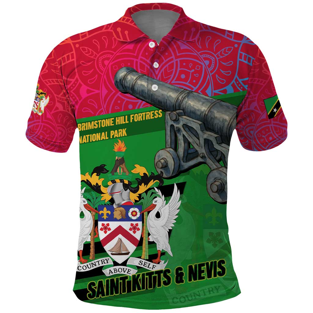 Saint Kitts and Nevis Apparel Polo Shirt with National Coat of Arms and Cannon Graphic in Red and Green Cultural Pattern Design TS04