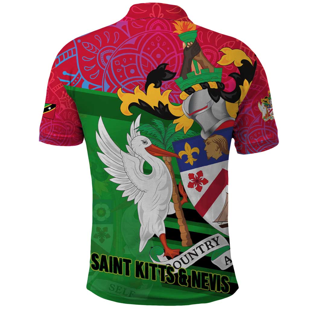 Saint Kitts and Nevis Apparel Polo Shirt with National Coat of Arms and Cannon Graphic in Red and Green Cultural Pattern Design TS04