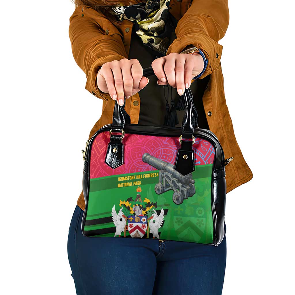 Saint Kitts and Nevis Apparel Shoulder Handbag with National Coat of Arms and Cannon Graphic in Red and Green Cultural Pattern Design TS04