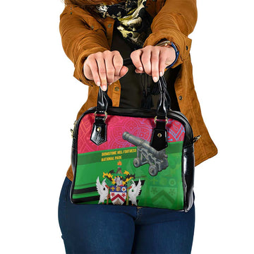 Saint Kitts and Nevis Apparel Shoulder Handbag with National Coat of Arms and Cannon Graphic in Red and Green Cultural Pattern Design TS04