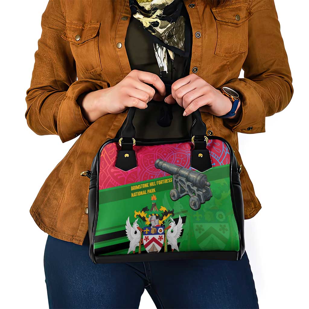 Saint Kitts and Nevis Apparel Shoulder Handbag with National Coat of Arms and Cannon Graphic in Red and Green Cultural Pattern Design TS04