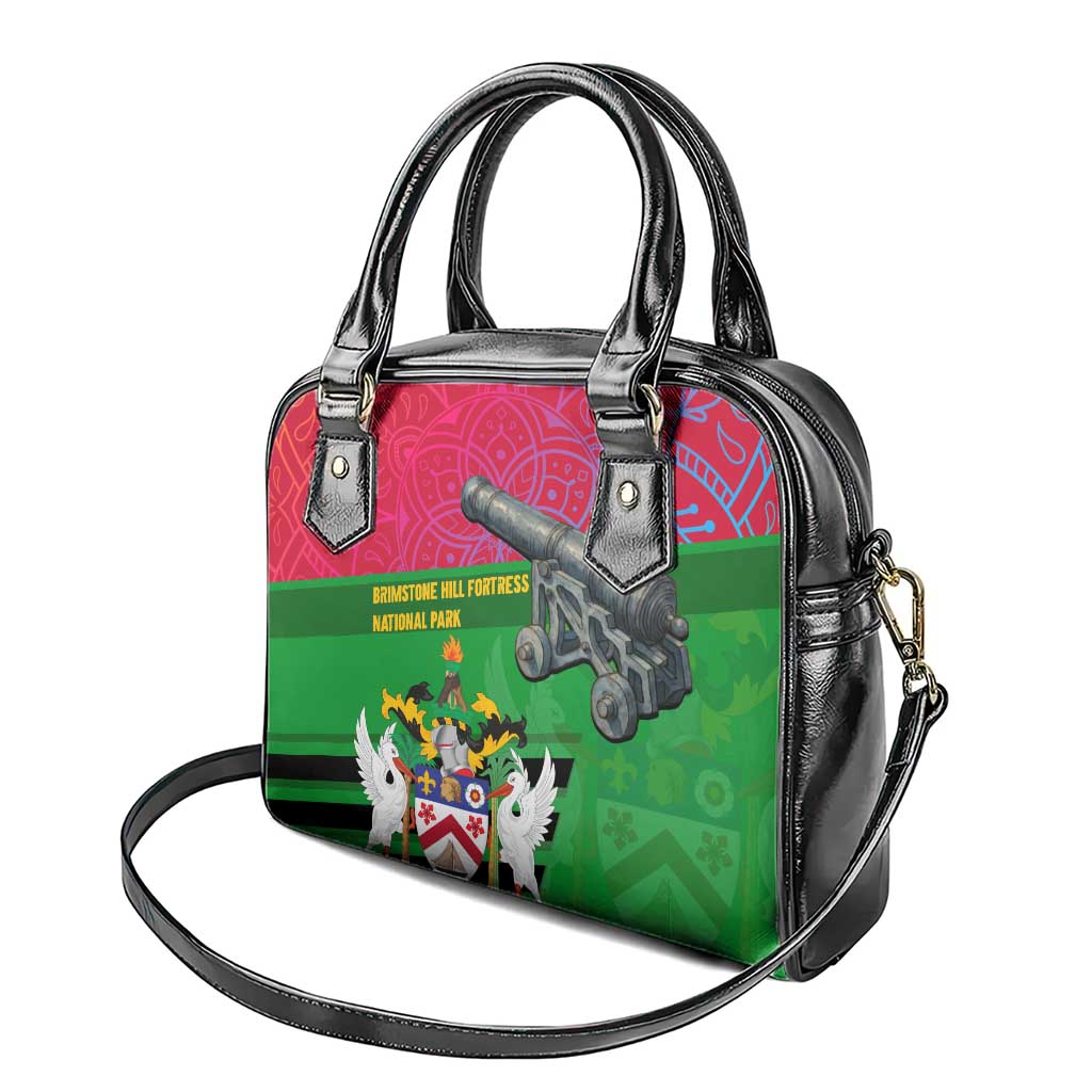 Saint Kitts and Nevis Apparel Shoulder Handbag with National Coat of Arms and Cannon Graphic in Red and Green Cultural Pattern Design TS04