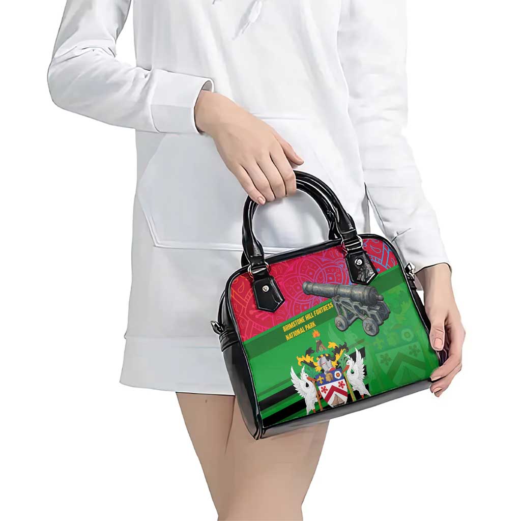 Saint Kitts and Nevis Apparel Shoulder Handbag with National Coat of Arms and Cannon Graphic in Red and Green Cultural Pattern Design TS04