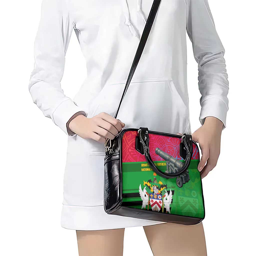 Saint Kitts and Nevis Apparel Shoulder Handbag with National Coat of Arms and Cannon Graphic in Red and Green Cultural Pattern Design TS04