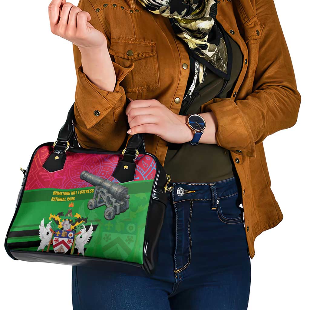 Saint Kitts and Nevis Apparel Shoulder Handbag with National Coat of Arms and Cannon Graphic in Red and Green Cultural Pattern Design TS04