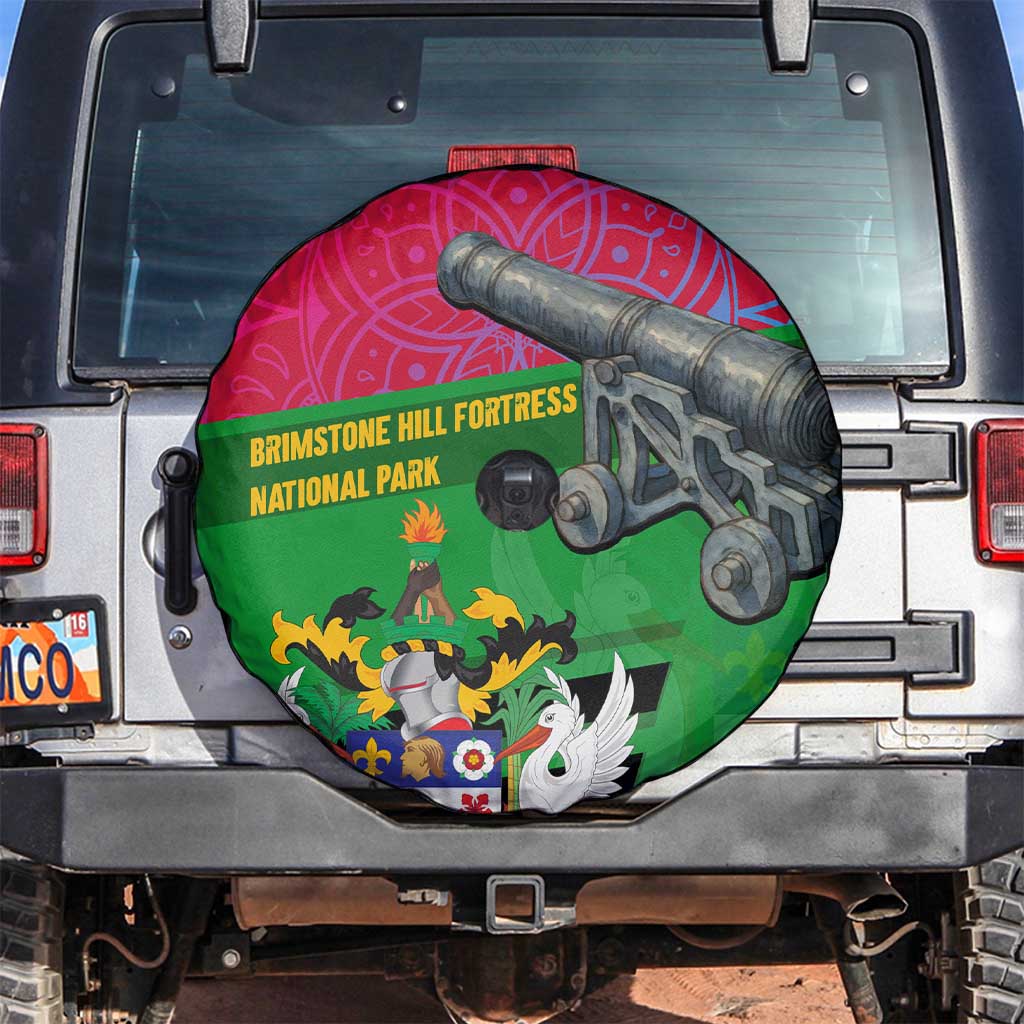 Saint Kitts and Nevis Apparel Spare Tire Cover with National Coat of Arms and Cannon Graphic in Red and Green Cultural Pattern Design TS04