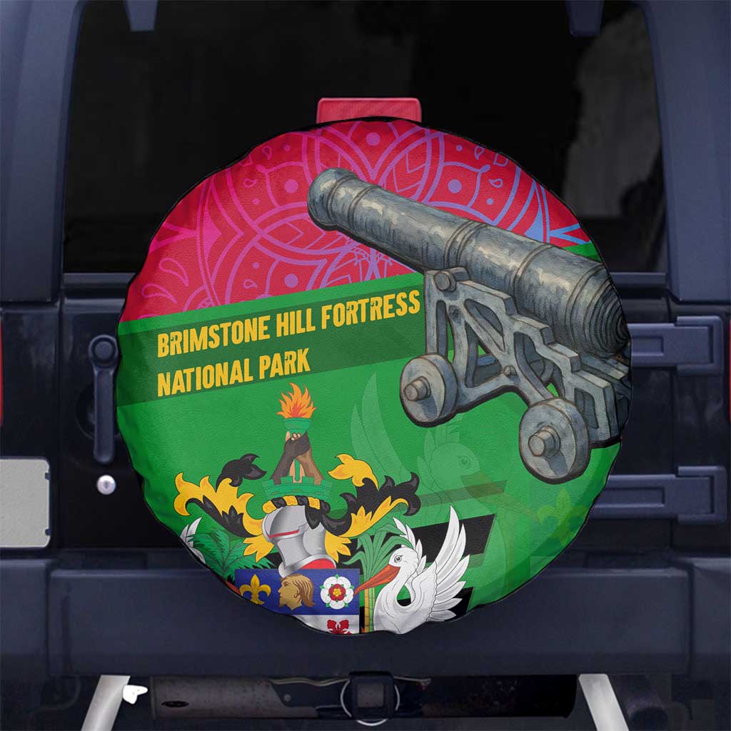 Saint Kitts and Nevis Apparel Spare Tire Cover with National Coat of Arms and Cannon Graphic in Red and Green Cultural Pattern Design TS04