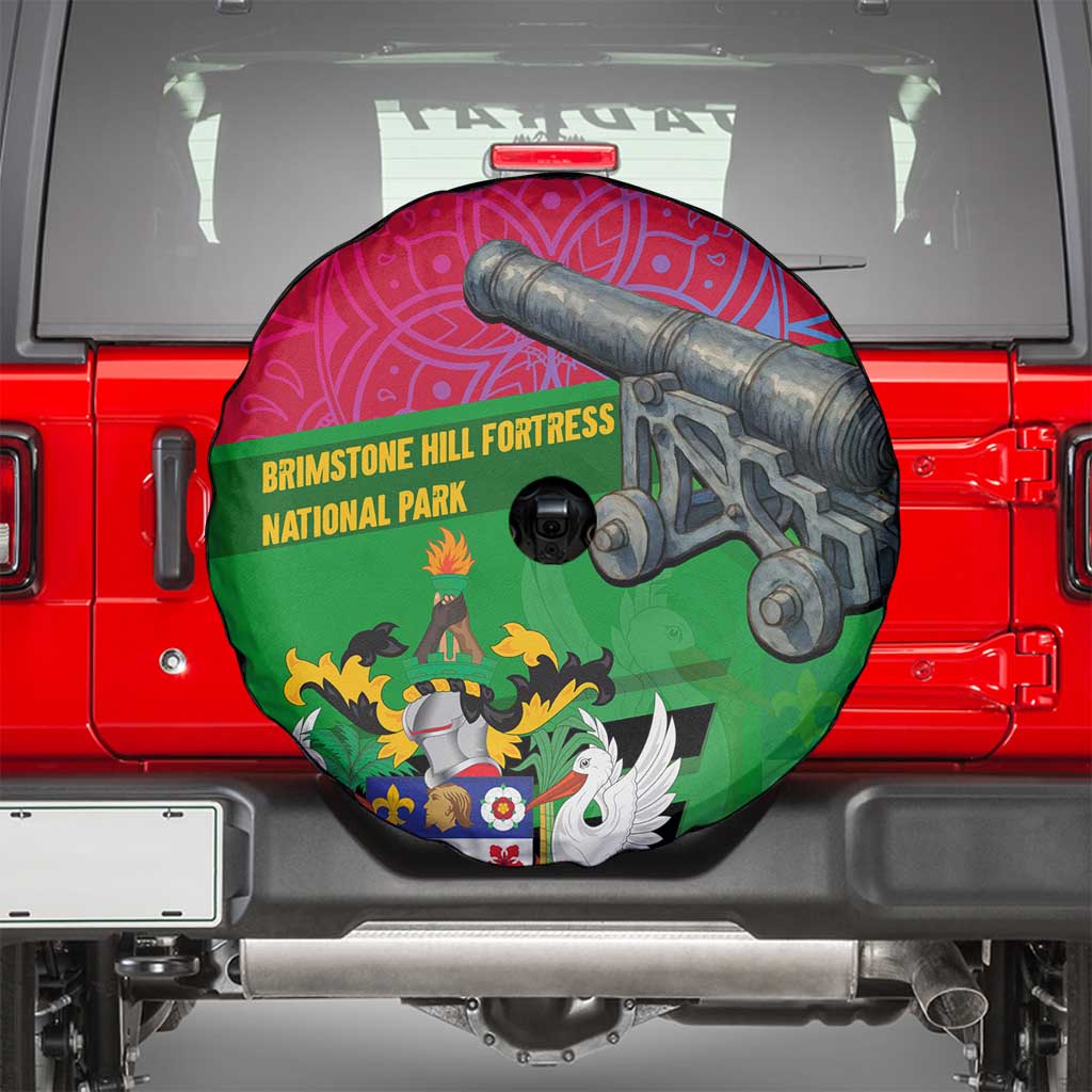 Saint Kitts and Nevis Apparel Spare Tire Cover with National Coat of Arms and Cannon Graphic in Red and Green Cultural Pattern Design TS04