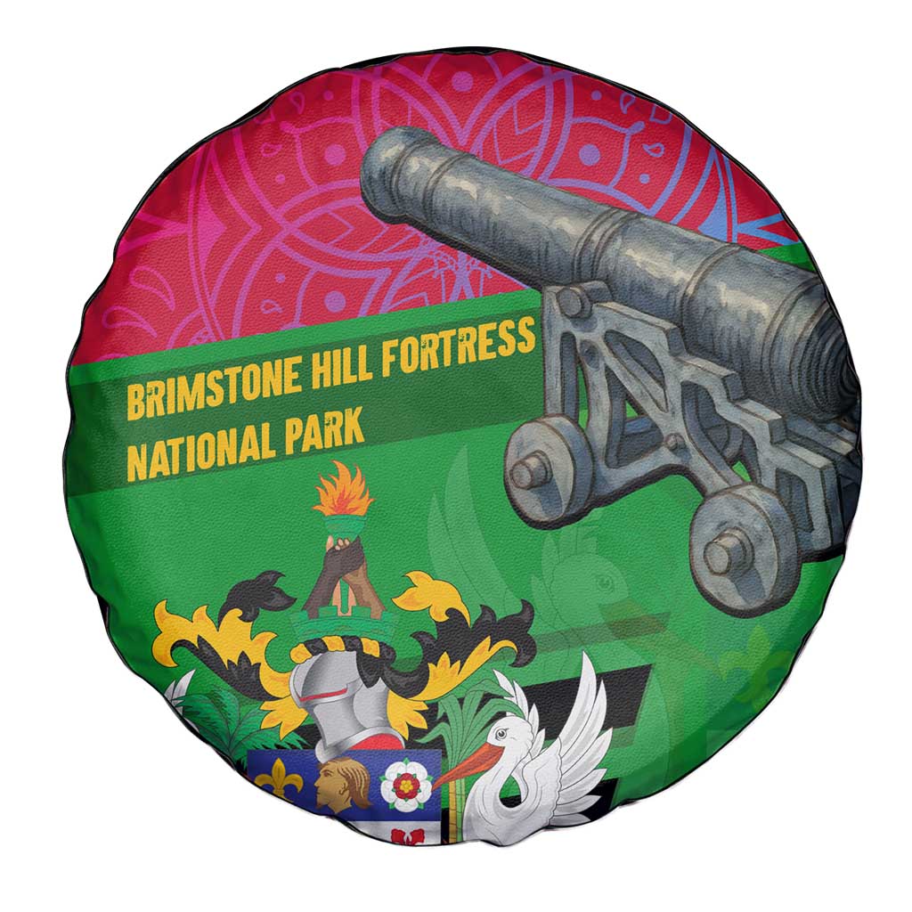 Saint Kitts and Nevis Apparel Spare Tire Cover with National Coat of Arms and Cannon Graphic in Red and Green Cultural Pattern Design TS04