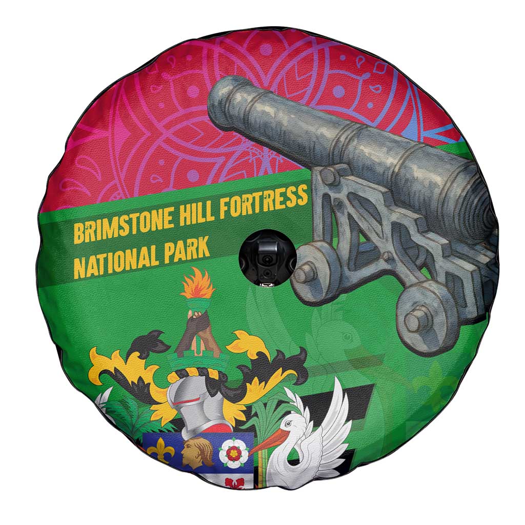 Saint Kitts and Nevis Apparel Spare Tire Cover with National Coat of Arms and Cannon Graphic in Red and Green Cultural Pattern Design TS04