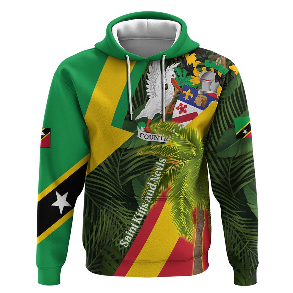 Saint Kitts and Nevis Apparel Hoodie with Coat of Arms, Palm Trees, and Hammock Graphic in Tropical Green and Flag-Inspired Design TS04