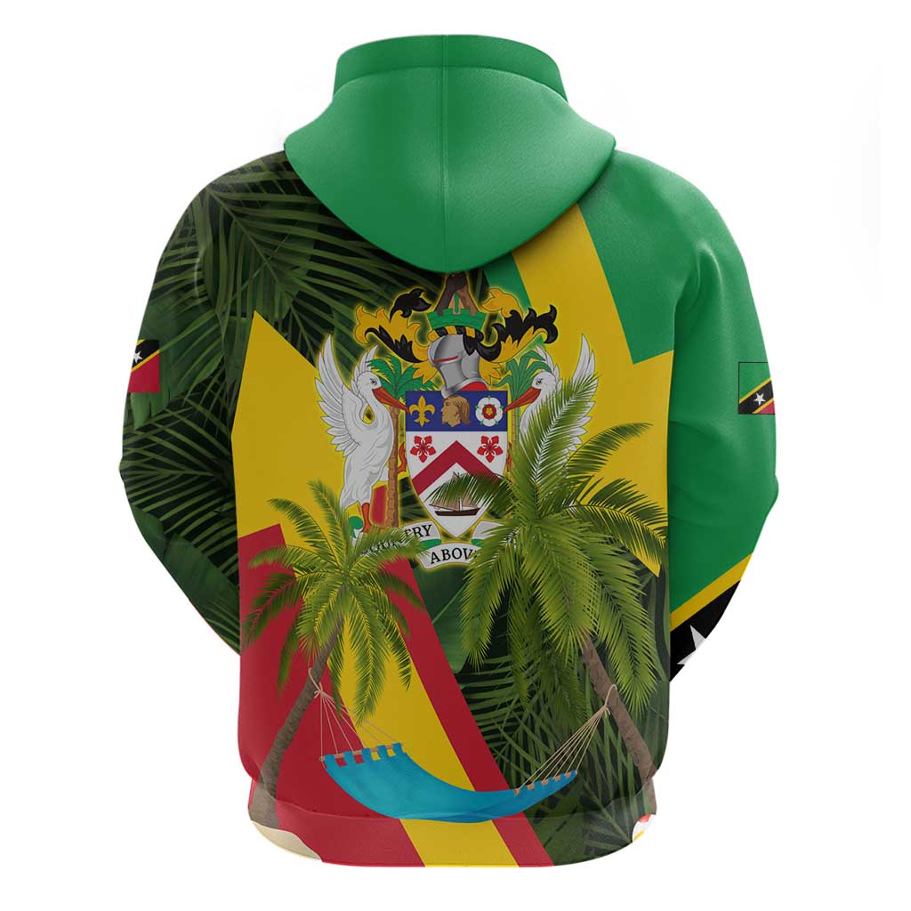 Saint Kitts and Nevis Apparel Hoodie with Coat of Arms, Palm Trees, and Hammock Graphic in Tropical Green and Flag-Inspired Design TS04